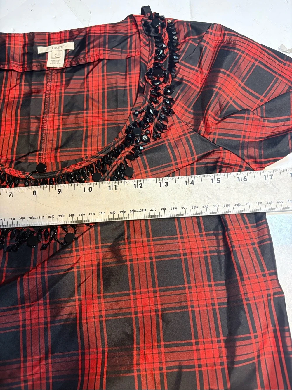 J.Crew Eliza silk red and black tartan plaid blouse built-in black xs 0